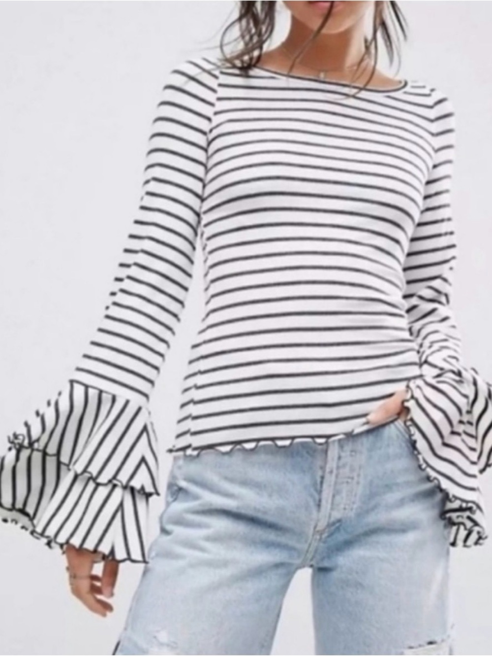We The Free Charcoal Gray & White Striped Ruffle Bell Sleeve Top